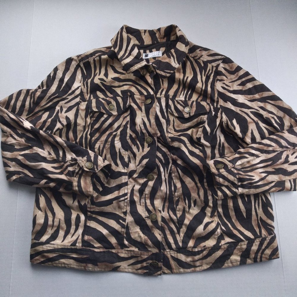 CAROLE LITTLE Womens Linen Jacket Size 1X Black & Tan Animal Print Button Front